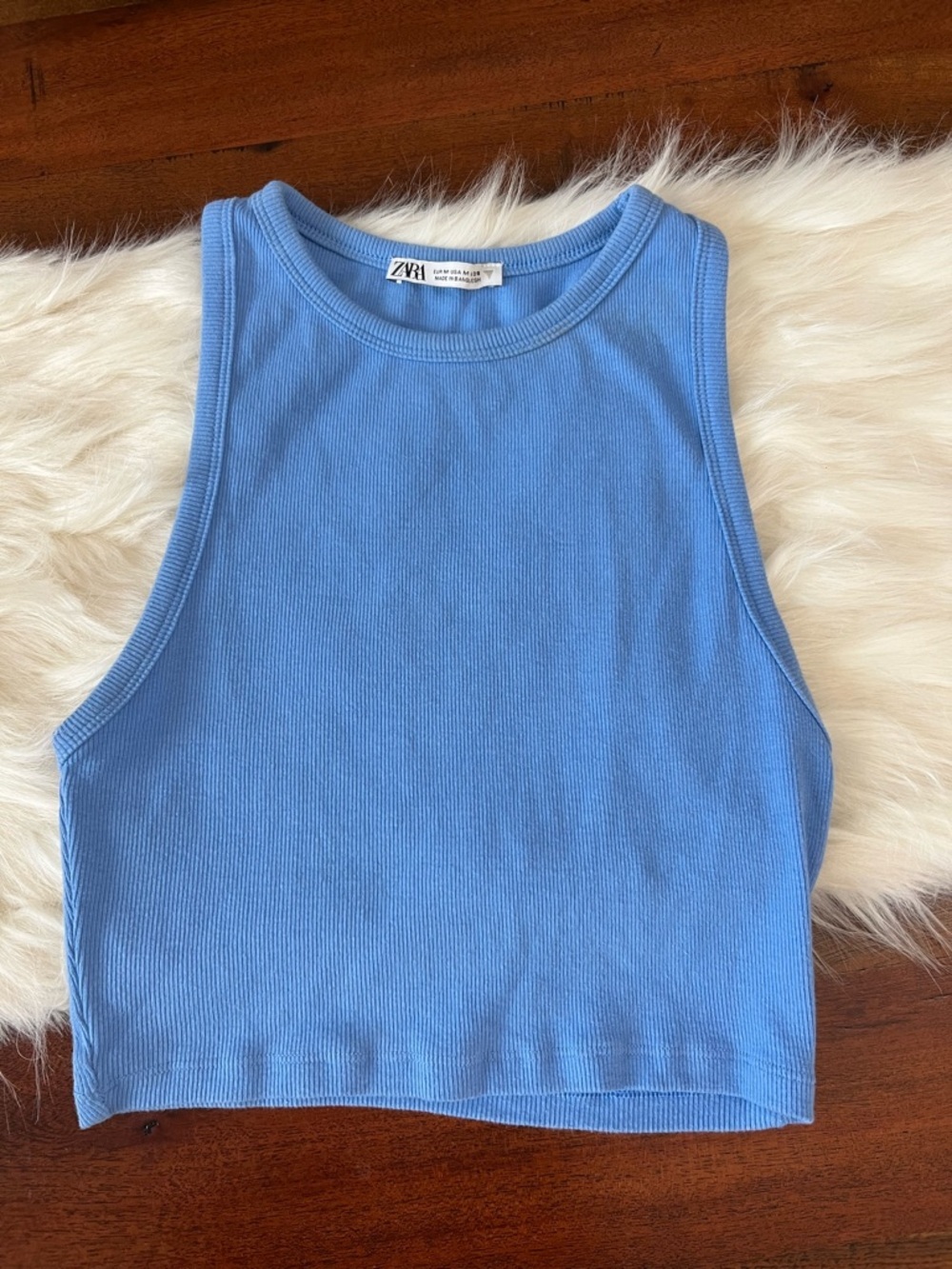 Zara Blue Ribbed Cropped Tank Top Size Medium Stretch Sleeveless Summer